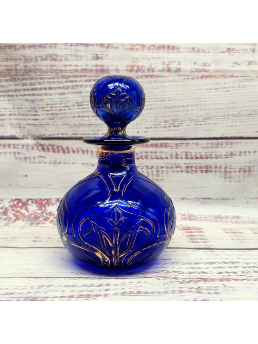 Vintage Cobalt Blue bohemian glass perfume bottle Hand-Painted Gold Floral - Picture 2 of 16